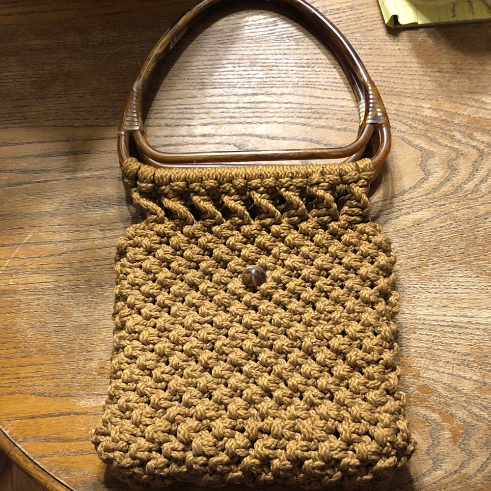 Handwoven Tan Crochet Shoulder Bag with Wooden Handles
